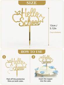 3/6/9入 金色鏡面 Hello School 壓克力蛋糕插牌，蘋果星星校園風蛋糕裝飾插棒，返校季烘焙用品，甜點桌裝飾，學生開學季派對裝飾禮物 - B - 查看 9