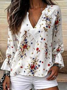 Women's Elegant Floral V-Neck Ruffle Trim Long Sleeve Blouse, Suitable For Tea Party, Travel, And Vacation Wear, Spring/Summer White - White - View 5