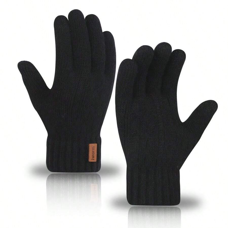 1 Pair Alpaca Wool Knitted Warm Gloves, Autumn/Winter Cold-Proof Touchscreen Gloves, Suitable For Winter Outdoor Sports Solid Color Labeled Warm Gloves - Multicolor - View 1