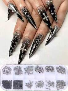 6-Grid Y2K Punk Style Alloy Nail Art Decorations, Silver Metal Gothic Rock Style Cross & Mixed Size Steel Beads DIY Nail Art Accessories, Handmade Nail Salon Supplies, Nail Rhinestones - Silver - View 2