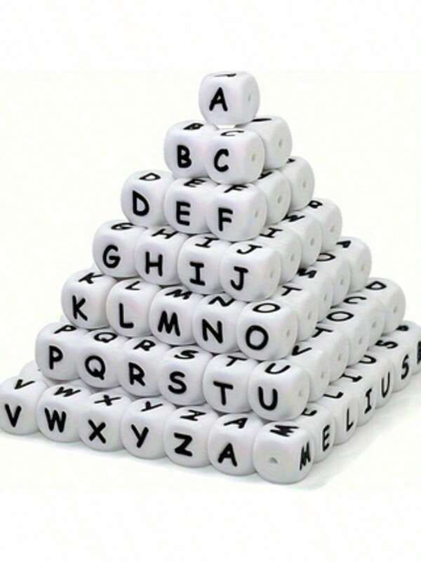 10pcs 12mm Silicone Letter Beads, White Base Black Text English Alphabet Beads, DIY Jewelry Making Kit Loose Beads