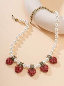 1pc French Vintage White Faux Pearl Necklace With 5 Red Rhinestone Heart Decor, Adjustable Extension Chain, Women's Date Night Dress Accessory, Holiday Gift Necklace - Multicolor - View 7
