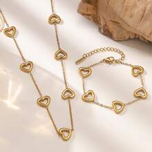1 Set Stainless Steel Chain Heart Pendant Women's Fashion Necklace & Bracelet Jewelry Set, Gift Accessory - Multicolor a - View 5