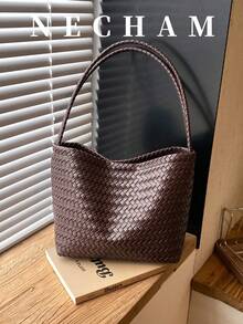 1pc Woven Vintage Solid Color Large Capacity Shoulder Bucket Bag Casual Daily Minimalist Tote Bag, Purse, For Women, Work, Quiet Luxury, Essential - Coffee Brown - View 2