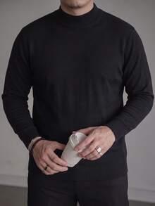 Plus Size Half Mock Neck Knit Sweater, Black Long Sleeve Basic Layering Sweater For Men, Autumn/Winter - Black - View 5
