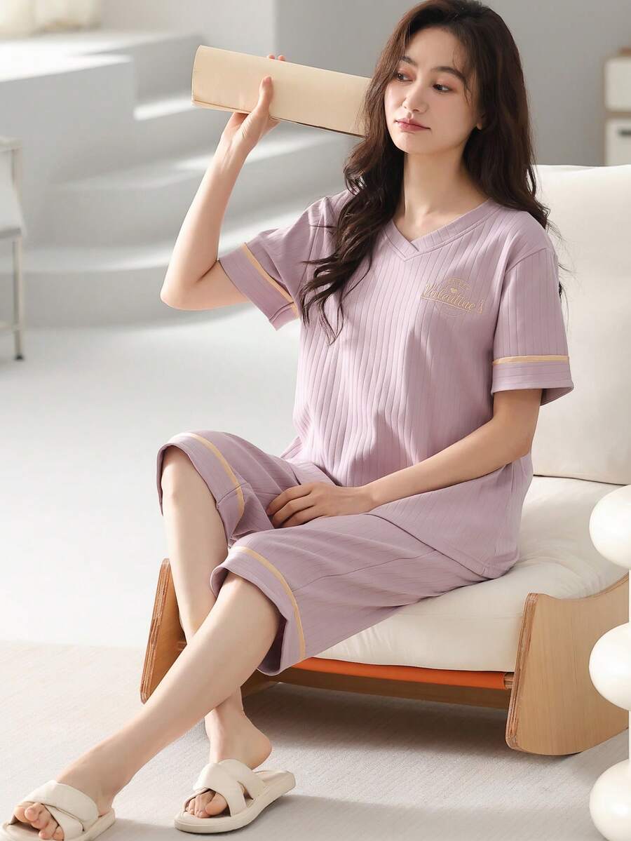 1 Set Women Short Sleeve Pajamas & Shorts, Soft & Comfortable Loungewear - Lilac Purple - View 1