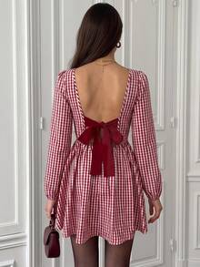 Vintage Style Backless Bow Plaid Dress - Red - View 5