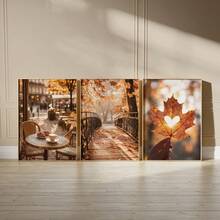 3 piezas de arte de pared en lienzo de tonos cálidos y neutros de otoño, impresiones de paisaje otoñal con café de París, puente de madera, corazón y hoja de arce, decoración acogedora estilo cottagecore para sala de estar, dormitorio, cocina, dormitorio universitario, pasillo, decoración vintage de otoño para el hogar, pósteres, sin marco - 840 - Ver 9