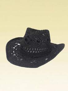1pc Vintage Hollow Wide Brim Straw Hat, Suitable For Spring And Summer Outdoor Travel, Vacation And Beach Wear; Unisex, Handwoven, Breathable And Sun-Protective, Combining Western Cowboy Style And Panama Hat Features. - A - View 3