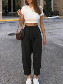Black Elastic High Waist Pleated Harem Pants, Casual Loose Cropped Pants - Black - View 11