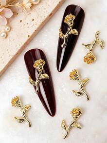 6-Grid 36pcs Luxury Metal Tulip & Rose Nail Art Charms, DIY Press-On Nail Accessories, Korean & Japanese Fashion Versatile Metal 3D Nail Decor, Y2K Vintage Floral Nail Art Charms - Gold - View 8