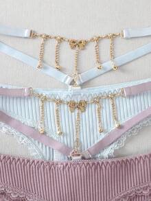 Cheekology 5pcs/Set Women's Sexy Lace Trim Patchwork Comfortable Ribbed Bow Chain Decor Thong Panties - Multicolor - View 3