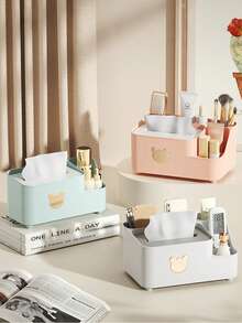 Makeup Brush Holder With Tissue Box - Cute Bear-Shaped Desktop Storage Box, Can Hold Remote Control, Phone, Makeup Brushes And Cosmetics; Ideal Decor For Living Room, Office And Vanity - Multicolor - View 1