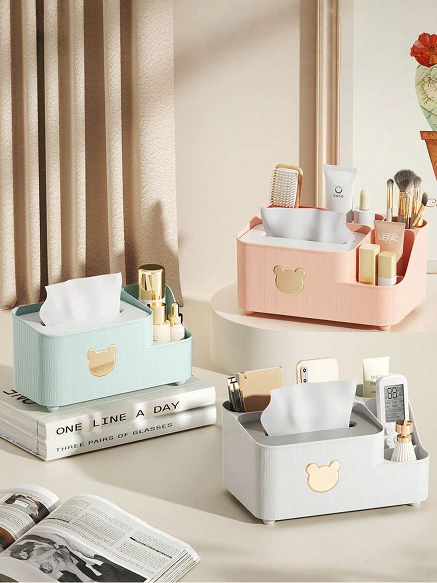 Makeup Brush Holder With Tissue Box - Cute Bear-Shaped Desktop Storage Box, Can Hold Remote Control, Phone, Makeup Brushes And Cosmetics; Ideal Decor For Living Room, Office And Vanity - Multicolor - View 1