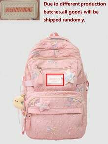 Student Backpack, Bow Embroidery Pattern Soft Quilted Fabric With Pendant, Multiple Pockets Adjustable Shoulder Straps, Cute Japanese Style, Suitable For Teenage Girls Daily Use In All Seasons - Multicolor - View 12