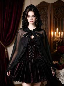 Selendang Jala Berkerudung Ruffle Gaya Gothic Gelap untuk Wanita, Jubah Pendek Lolita Bertali untuk Halloween, Pakaian Luar Vampir - Hitam - View 6