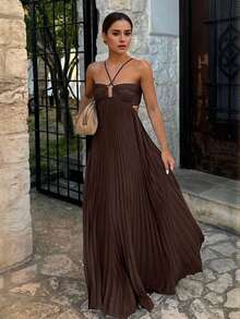 Women's Sleeveless Halter Neck Backless Front Ruched Long Cocktail Dress, Suitable For Wedding Party, Autumn Style - Coffee Brown - View 1