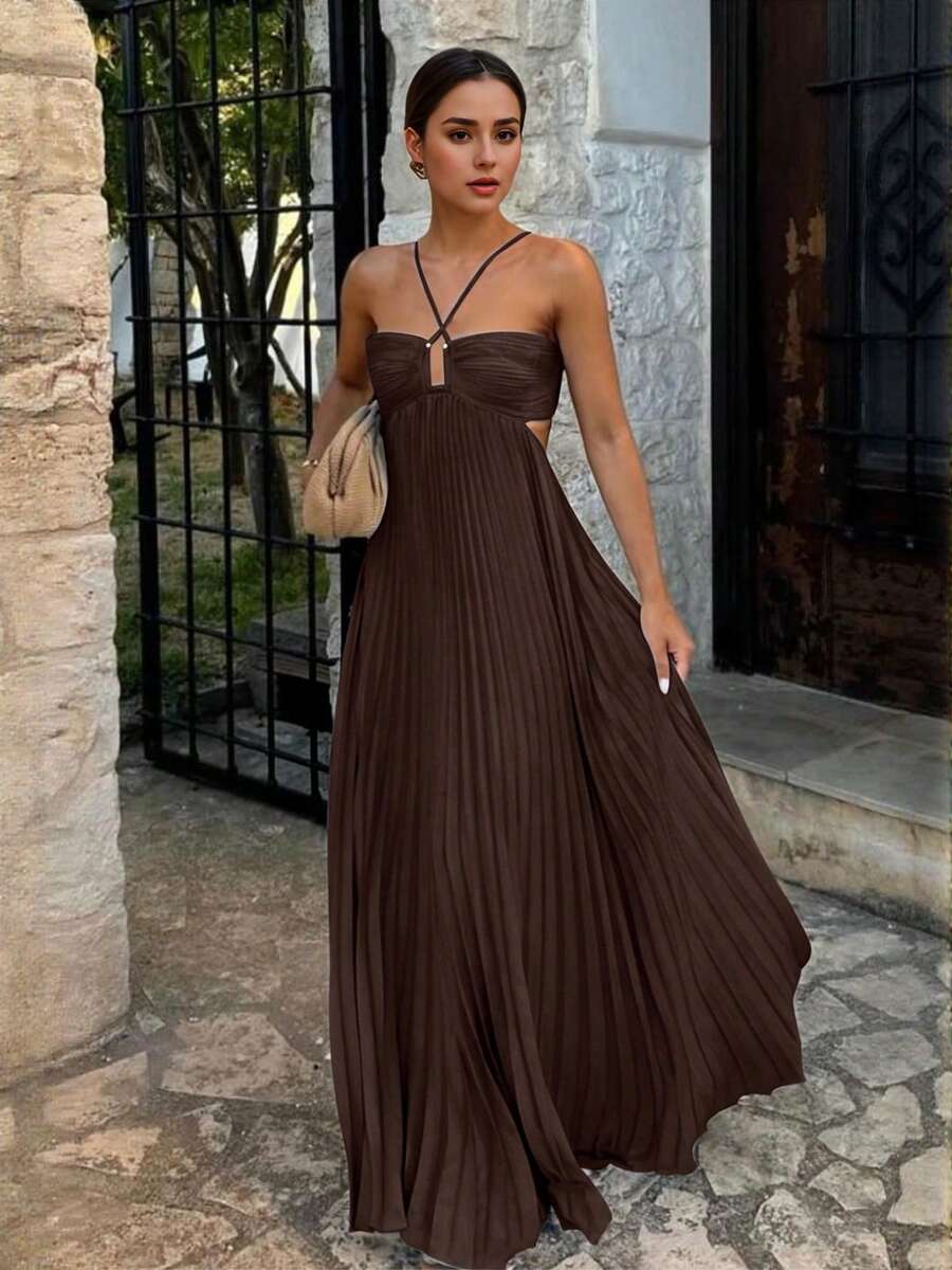 Women's Sleeveless Halter Neck Backless Front Ruched Long Cocktail Dress, Suitable For Wedding Party, Autumn Style - Coffee Brown - View 1