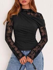 Autumn/Winter Pure Black Cross Pattern Lace Mesh Patchwork Asymmetrical Shoulder Long Sleeve Cropped Women's Top T-Shirt Slim - Black - View 6
