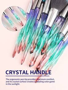 ronshadow 10pcs Gradient Transparent Ice Crystal Diamond Handle Makeup Brush Set With Makeup Sponge, Round Powder Brush, Angled Blush Brush, Large Foundation Brush, Small Eyeshadow Blending Brush, Detail Concealer Brush - Multicolor - View 4