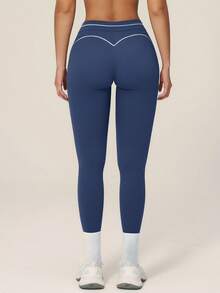 TimeOff Pantalones deportivos largos cortos de cintura alta con control de abdomen y decoración de línea blanca en bloques de color para mujer, 1 pieza - Azul Marino - Ver 9