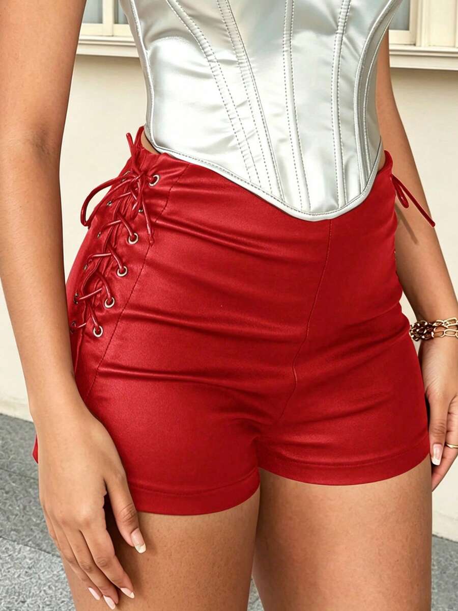 Apperloth A Women's Lace-Up Side PU Leather Shorts, Sexy For Party, Music Festival And Other Occasions Summer Red - Red - View 1