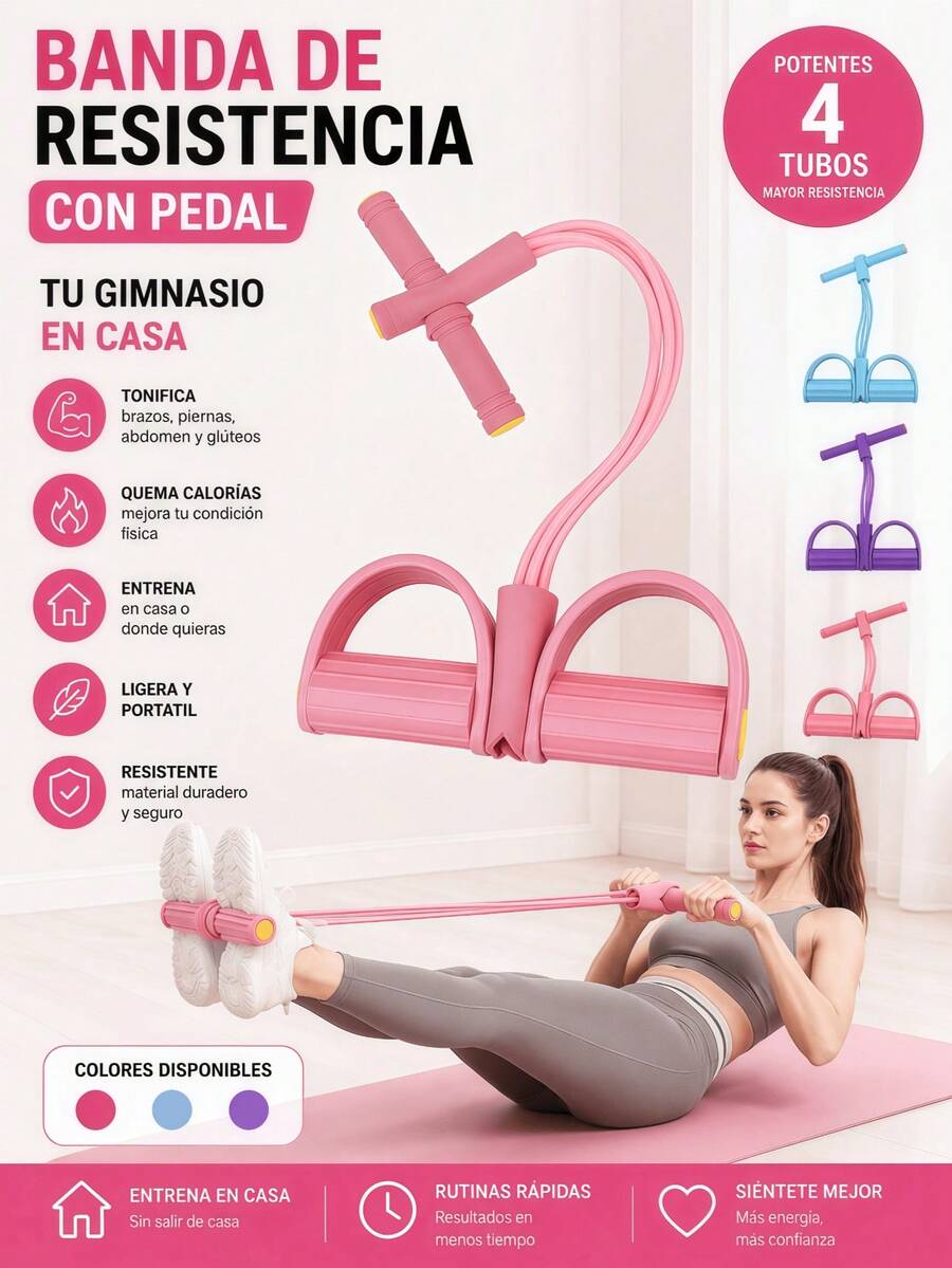 Banda Elástica con Pedales para Ejercicio en Casa, Banda de Resistencia de 4 Tubos de Látex, Entrenador para Brazos, Abdomen, Piernas y Glúteos, Equipo para Yoga, Pilates y Fitness, Asas de Espuma Antideslizantes, Ligera, Portátil, Fácil de Transportar, Ideal para Entrenamiento Diario en Hogar, Oficina o Viaje