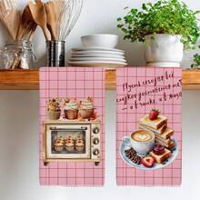 2PCS Kitchen Towels Pink Plaid Striped Coffee Healing Theme Pattern Print 40*60cm Rectangular Microfiber Kitchen Towels, Dish Cloths, Tablecloths, Hand Towels, Kitchen Decor, Home Decor, Housewarming Gift For Neighbors, Perfect For Kitchen And Bathroom Use, Suitable For Housewives And Family Gatherings, High Cost-Performance, Home Essential - Baby Pink - View 8