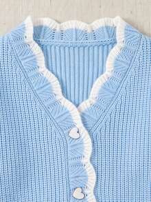 Preppy White Contrast Trim Knit Cardigan, V-Neck Heart Button Patch Pocket Short Jacket, Autumn Thanksgiving Streetwear - Blue - View 7