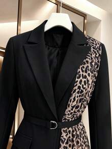 Women's Autumn/Winter Elegant Commute Chiffon Leopard Print Blazer With Lining, Ribbon Patchwork Design, Double-Breasted Adjustable Waist Belt, Long Sleeve - Black - View 4