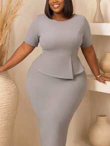NOU Women's Mid-Length Dress, Basic Versatile Round Neck, Crisp Slim-Fit Short Sleeve, Simple Waist-Cinched Bodycon, Asymmetric Ruffle Design With Layered Texture, Waist-Flattering, Skin-Friendly Elastic Fabric, Comfortable And Convenient For Daily, Holiday, Commuting, Office Wear, Solid Color Elegant Fabric Ruffle Women's Mid-Length Dress, Holiday Wedding Office Daily Workplace Spring Autumn Spring Summer - Light Grey - View 4