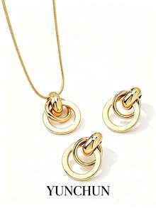 YUNCHUN 3pcs/Set Fashionable Metal Geometric Circle Jewelry Set For Women, Versatile Design Suitable For Daily Wear And Various Occasions - Gold - View 2