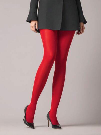Matte Solid Red Opaque Tights, Stretch Non-Sheer High Waist Hosiery For Valentine Christmas Party Street Blazer Mini Skirt Outfits