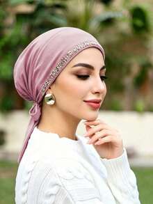 1 pieza Gorro musulmán de moda para mujer de unicolor con pedrería y lazo, pañuelo versátil para envolver la cabeza bajo la gorra, adecuado para uso diario - 005-Polvo - Ver 3
