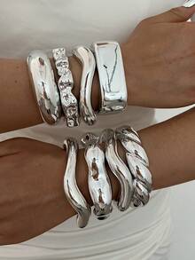 8pcs/4pcs/1pc Bohemian Style Casual Geometric Heavy Work Twisted Silver CCB Open Bangle Bracelet Set, Open Design Suitable For Party, Gathering, Gift, Vacation, Date And Daily Wear - Silver - View 3