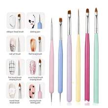6Pcs Double Ended Nail Art Brushes Set, Macaron Color Handle Nail Design Tools, Dotting Pen & Painting Brush For Gel Polish Drawing, DIY & Professional Salon Manicure Accessories - Multicolor - View 2
