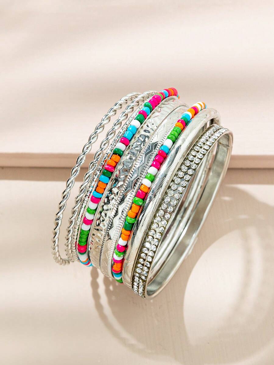 Juego de 9 pulseras de metal con cuentas de colores, estilo minimalista de moda para mujeres, adecuado para uso diario (color aleatorio) - Plateado - Ver 1