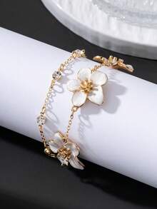 1pc Summer Vacation Style Exquisite Design Handmade Drip Oil Elegant Gentle White Flower Shaped Double Layer Frangipani Bracelet Birthday Gift - White - View 1