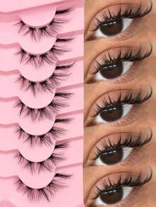 7 Pairs Fox Eye Lashes Clear Band Soft Faux Mink Lashes Fluffy Natural Look Eyelashes Reusable Full Strip Lashes,For Daily Style Eye Makeup,Beginner-Friendly - Black - View 1