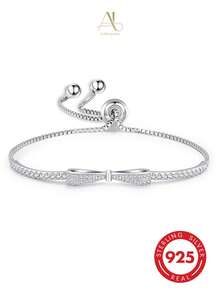 1pc 925 Sterling Silver Women's Silver Bow Full Rhinestone Adjustable Bracelet, Minimalist Luxury Couple Jewelry, Wedding Anniversary Gift Accessory - Silver - View 8