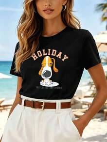 Women's Holiday Dog Print Casual T-Shirt, Soft Cotton Loose Fit, Street Hip Hop Style, Comfortable, Art Print, New Release - Black - View 1