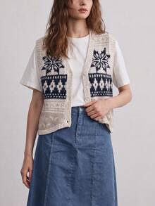Cardigan Vest Wanita Motif Vintage Musim Gugur Kerah V Campuran Wol - Navy Blue - View 5