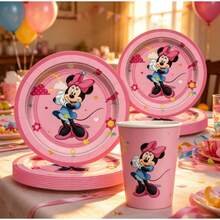 Pink Bow Mouse Birthday Disposable Tableware Set, Round Paper Plates, Paper Cups, Cute Cartoon Flower Sun Cloud Mouse Pink Sweet Theme Birthday Party Dinner Supplies - Multicolor - View 1