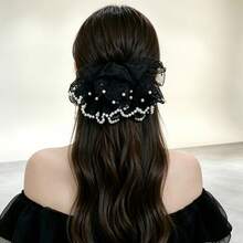 新款仙女風珍珠蕾絲大腸圈髮圈，百搭馬尾彈性髮帶，髮繩髮飾 - A-黑色 - 查看 1
