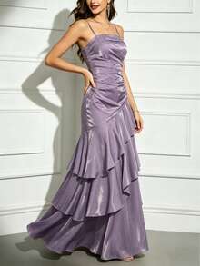 Vestido de Festa Elegante Feminino para Formatura com Babados em Camadas, Estilo Vintage, Ajuste Slim, Alças Finas, Vestido de Gala para Convidada de Casamento e Festa Formal - Lavanda - Visão 3