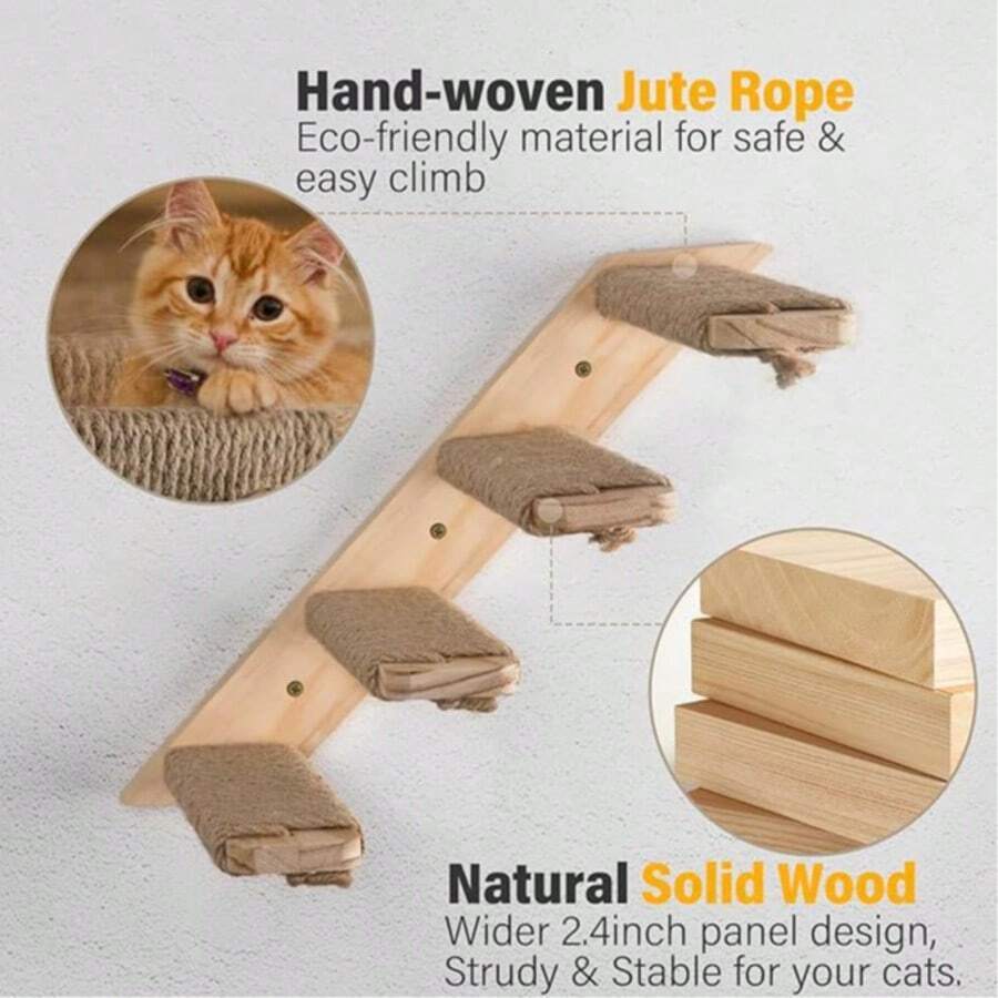 1pc Solid Wood Wall Mount Sisal Cat Stair Ladder Wall Scratching Step Climbing Cat Tree Perch - Multicolor - View 1