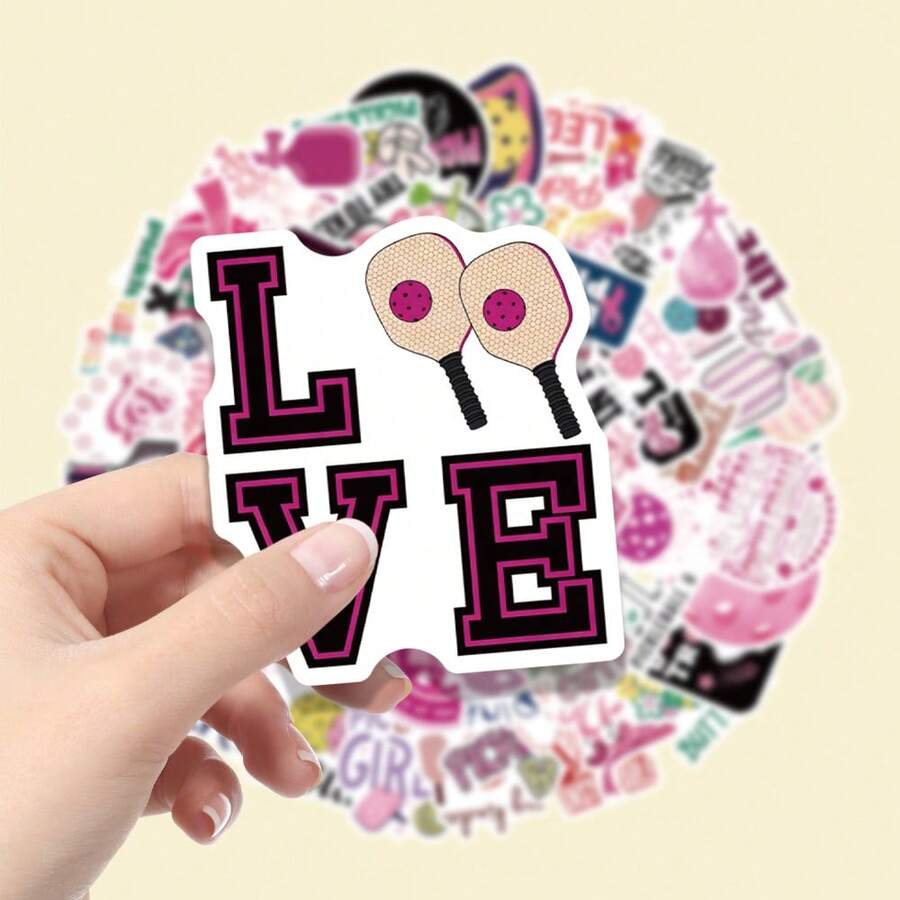 62pcs Pink Pickleball Theme Cartoon Vinyl Decorative Stickers, Suitable For Scrapbooking, Envelopes, Guitar, Musical Instruments, Halloween, Christmas, Teen Party Supplies, Rewards And Inspirational Decoration - 62pcs-multicolor - View 1