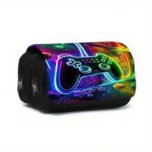 1pc Neon Game Controller Print Pencil Case, Large Capacity Dual Zipper Pencil Bag, Portable Stationery Storage Bag, Suitable For School, Office And Gaming Enthusiasts - Game Controller Double-layer Flip Cover - View 1