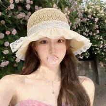 1PC/1set Women's Crochet Straw Lace Trim Bucket Hat - Lace Ruffle Decoration With Bowknot Embellishment, Wide Brim Foldable Lightweight Breathable, Summer Beach Vacation Hat, New Vintage Playful Fairy Style - Multicolor - View 9