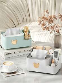 Makeup Brush Holder With Tissue Box - Cute Bear-Shaped Desktop Storage Box, Can Hold Remote Control, Phone, Makeup Brushes And Cosmetics; Ideal Decor For Living Room, Office And Vanity - Multicolor - View 5